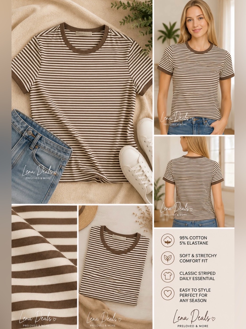 ZENANA Striped Ribbed Crewneck T - Shirt Women’s Ash Mocha  Sz Small Cotton